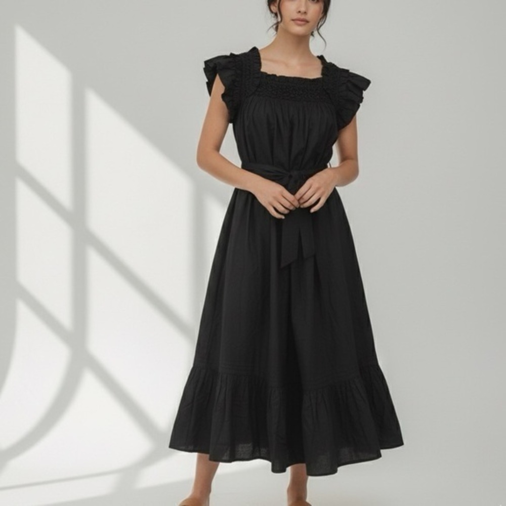 CLEOBELLA Tabitha Solid Black Organic Cotton Midi Dress NWT